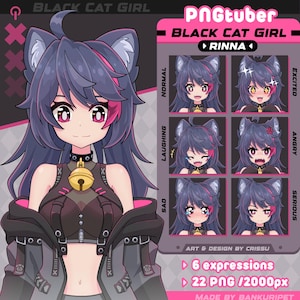 Black Cat Girl PNGTuber | Black Hair Gamer Girl | Twitch Streaming Avatar | Vtuber Assets | Cute Techwear Girl | Ready To Use | OBS