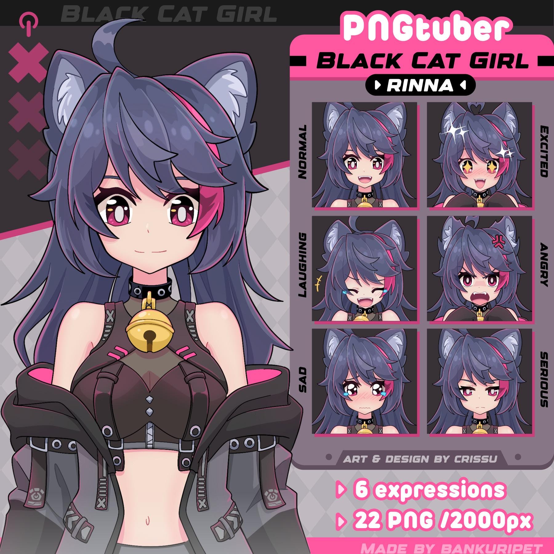 Black Cat Girl PNGTuber | Black Hair Gamer Girl | Twitch Streaming Avatar | Vtuber Assets | Cute Techwear Girl | Ready To Use | OBS