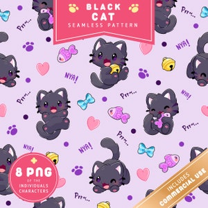 Black Cat Pattern | Commercial Use | Seamless Pattern | Black Cat Clipart | Digital Download | Printable | Cute & Kawaii Cats