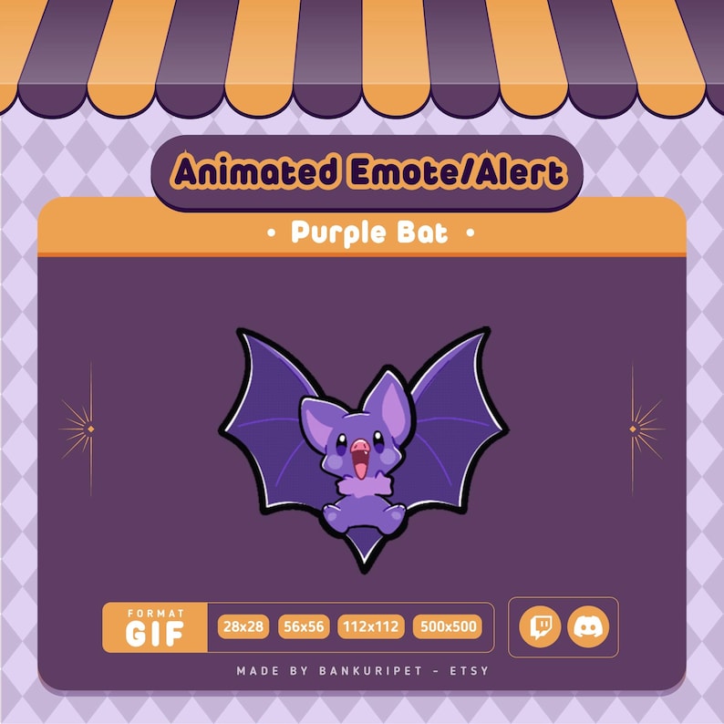 May include: Animated GIF of a purple bat with a cute expression. The bat is flapping its wings and has a wide open mouth. The GIF is available in various sizes, including 28x28, 56x56, 112x112, and 500x500 pixels. The GIF is made by Bankuripet on Etsy.