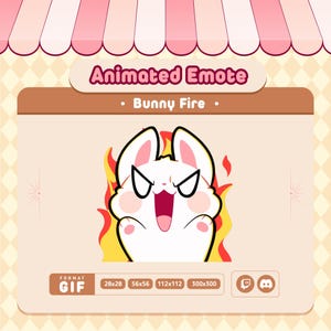 Può includere: GIF animato di un coniglio bianco con occhi arrabbiati e bocca aperta, avvolto dalle fiamme. Il coniglio è su uno sfondo marrone chiaro con un baldacchino rosa e bianco in alto. Il testo "Animated Emote - Bunny Fire -" è sopra il coniglio. Sotto il coniglio, ci sono cinque pulsanti con il testo "FORMAT GIF 28x28 56x56 112x112 300x300" e due icone per Twitch e Discord.