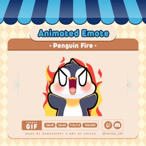 Può includere: Emote animata di un pinguino in fiamme. Il pinguino ha un corpo nero, una faccia bianca ed è circondato da fiamme arancioni e gialle. Il testo "Animated Emote" e "Penguin Fire" sono visualizzati sopra il pinguino.