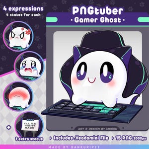 May include: Digital illustration of a white ghost character with large eyes and a smile, sitting in a gaming chair in front of a keyboard. The image includes the text "PNGtuber - Gamer Ghost" and various expressions of the character. Includes Veadomini File and 15 PNG 2000px.