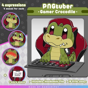 May include: Digital illustration of a green crocodile character, labelled "PNGtuber - Gamer Crocodile", using a keyboard and sitting in a red gaming chair. The image includes four expression variations and a "I'll be right back" status.