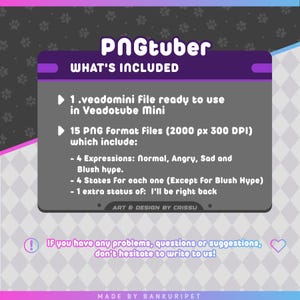 May include: A digital product information graphic for a PNGtuber set. It lists one .veadomini file and 15 PNG files at 2000 px 300 DPI, including four expressions: normal, angry, sad, and blush hype, with four states each and an I'll be right back status.