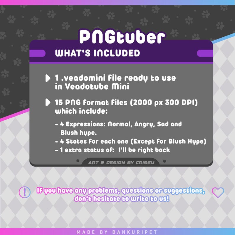 May include: A digital product information graphic for a PNGtuber set. It lists one .veadomini file and 15 PNG files at 2000 px 300 DPI, including four expressions: normal, angry, sad, and blush hype, with four states each and an I'll be right back status.