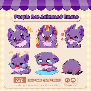 Può includere: Grafica di un'emote animata di pipistrello viola con varie espressioni. Il pipistrello ha grandi orecchie e un petto bianco e soffice. L'immagine include il testo "Purple Bat Animated Emote".