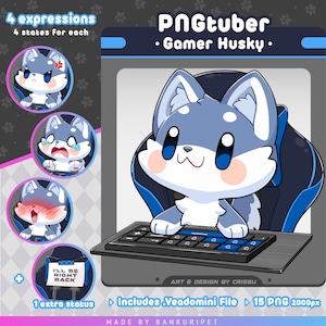 Husky gamer PNGTuber / Perro lindo / Avatar de transmisión en Twitch / Recursos de Vtuber / PNGtuber divertido / Imágenes reactivas con voz / Listo para usar / OBS