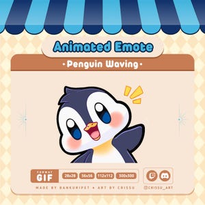 以下が含まれることがあります： 手を振るペンギンのアニメーション絵文字。ペンギンは白と黒で、黄色いくちばしとバラ色の頬をしています。画像には「Animated Emote - Penguin Waving」というテキストと、GIFファイルの形式オプションが含まれています。