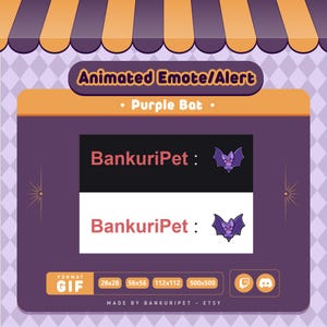 May include: Animated purple bat emote/alert in GIF format. The emote features a purple bat with pink eyes and a white mouth. The text "BankuriPet" is displayed in red. The emote is available in four sizes: 28x28, 56x56, 112x112, and 500x500 pixels.