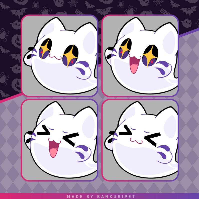 May include: A set of four square digital illustrations featuring a white ghost cat character with purple stripes on its cheeks. Each panel displays a different facial expression, including star-shaped eyes and a happy mouth. Text reads MADE BY BANKURIPET.
