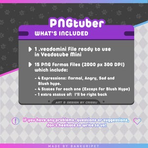 Pu&ograve; includere: Grafica di prodotto digitale con il testo "PNGtuber" e "WHAT'S INCLUDED". La grafica elenca i file e le espressioni incluse, come normale, arrabbiato e triste. Il design &egrave; viola, grigio e bianco.
