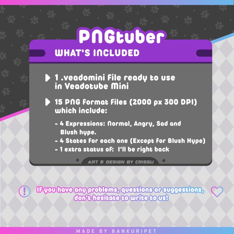 Pu&ograve; includere: Grafica di prodotto digitale con il testo "PNGtuber" e "WHAT'S INCLUDED". La grafica elenca i file e le espressioni incluse, come normale, arrabbiato e triste. Il design &egrave; viola, grigio e bianco.