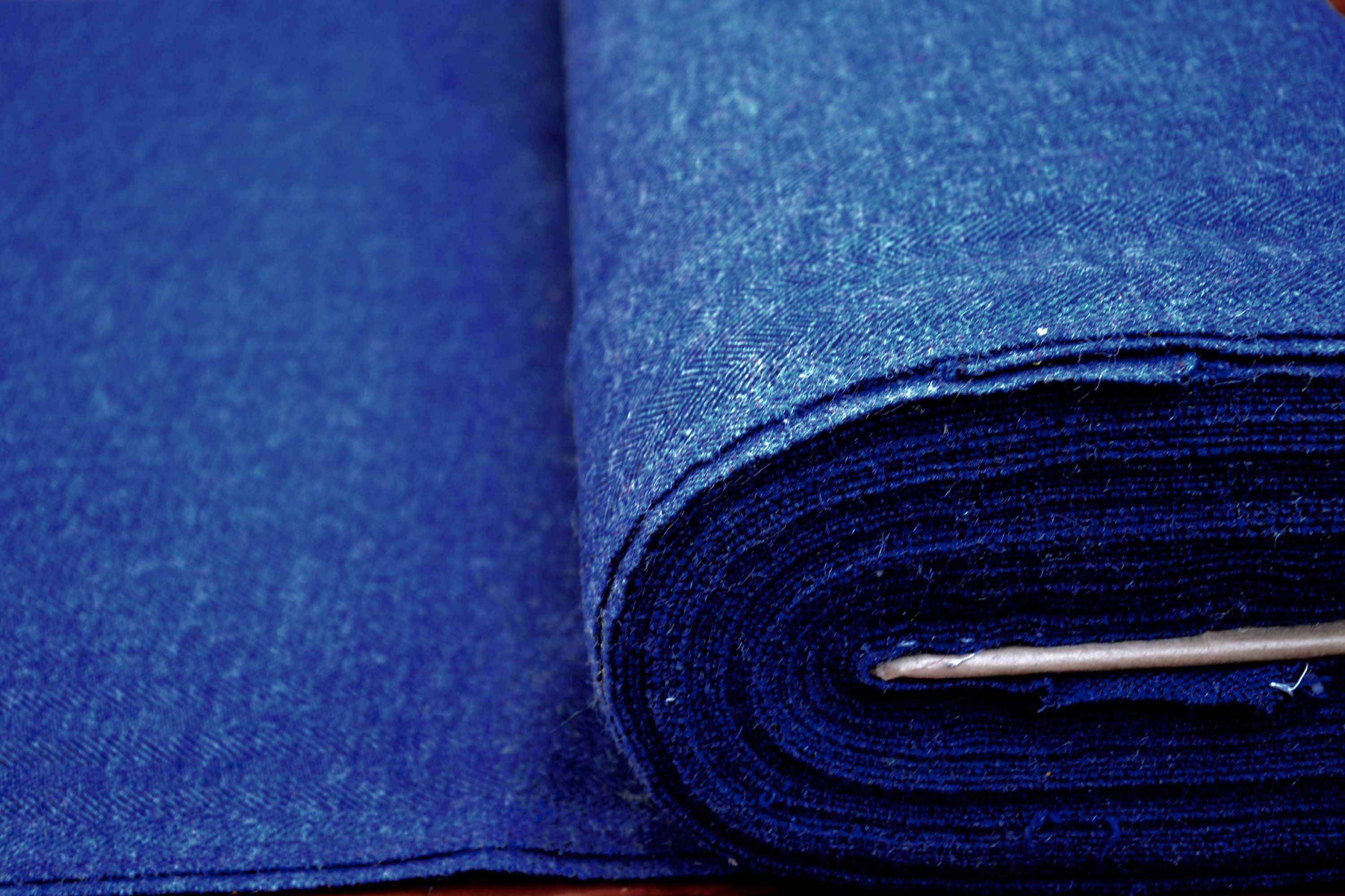 Wool Herringbone Blue Sheen Fabric Authentic Original Vintage 1970s for