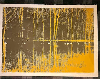 Albert Frank Quinlan Tree and Waterfowl Print 1973 artist printed and signed.