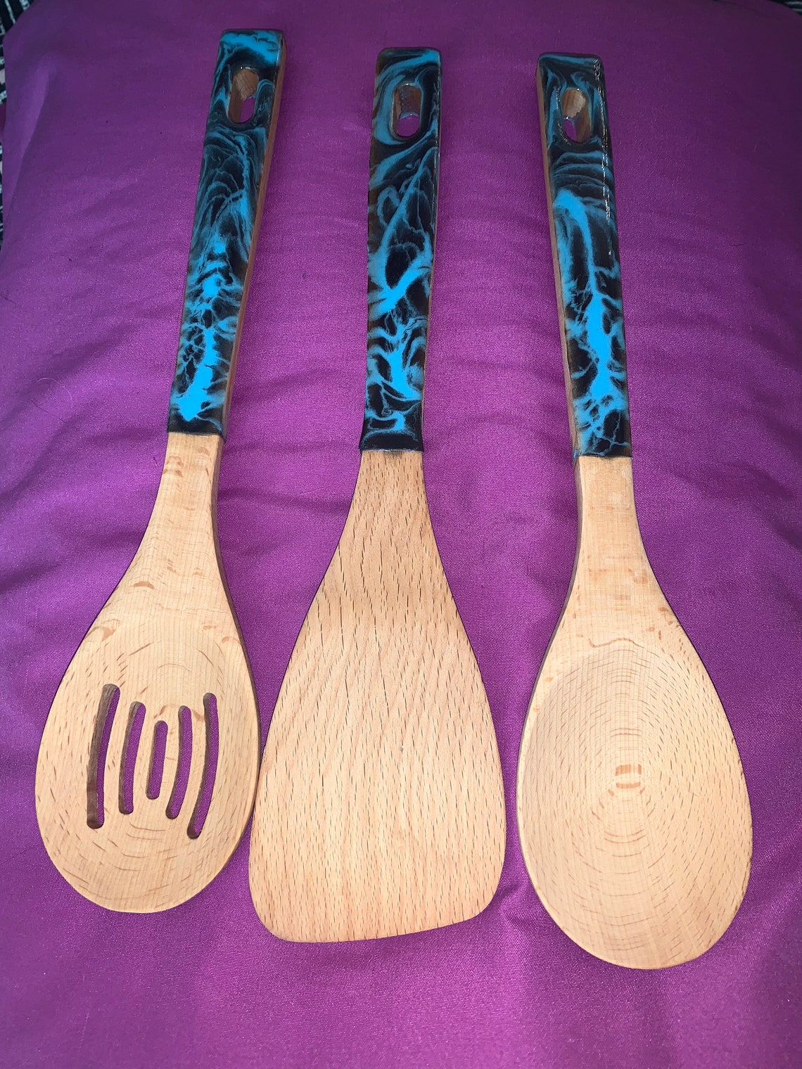 Blue & Black Wooden Resin Spoon Set Etsy