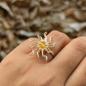 Sun Quartz Statement Ring | Citrine Quartz Ring | Boho Sun Ring | Celestial Jewelry | Adjustable Ring | Handmade Gift for Her