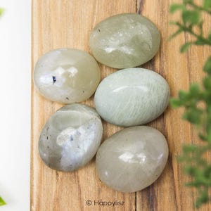 Op de afbeelding: Vijf gladde, ovale stenen in groen en wit op een houten oppervlak. De stenen hebben een natuurlijke, gepolijste uitstraling.