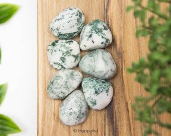 May include: A collection of six moss agate tumbled stones. The stones are a mix of white and green with a mottled pattern.