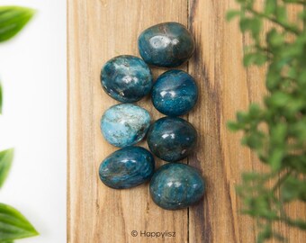 Puede incluir: Siete piedras de apatita azul pulidas y lisas dispuestas verticalmente sobre una superficie de madera. Las piedras tienen un color azul claro con vetas azules más oscuras.