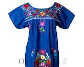 Women 39 s Traditional Mexican Dress Embroidered FIESTA Style - ROYAL BLUE - Dresses All Sizes Unique Embroidery Short Sleeve Maxi Dress