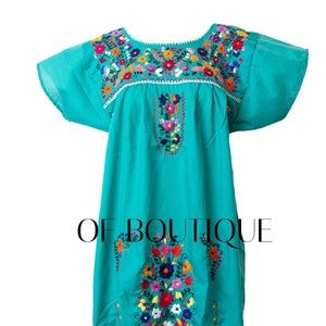 Women's Traditional Mexican Dress EMBROIDERED FIESTA Style - TEAL - Dresses All Sizes Unique Embroidery Short Sleeve Maxi Dress