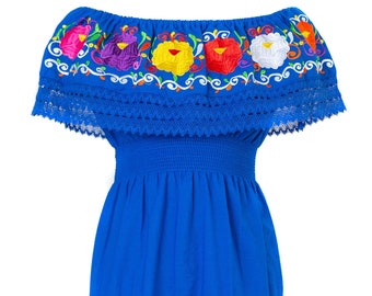 Women's CAMPESINA Mexican Dress Embroidered Off Shoulder Style - Royal Blue - Dresses One Size Fits S/M or L/XL Embroidery Dress Day of Dead