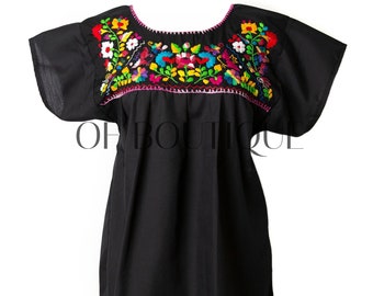 Mexican Blouse Traditional Embroidered - Black All Sizes Plus Sizes Puebla