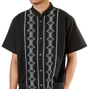Mexican Men&#39;s Shirts Tejido Style Black Front Pockets, Embroidered