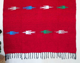 HEAVYWEIGHT Thick Mexican Blanket - PAJARO RED - Handmade Authentic Soft Yoga Pilates