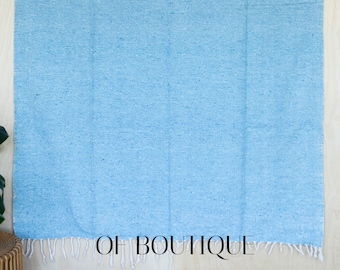 Handmade Mexican Light Blue Blanket Boho Beach Camping Southwestern Yoga Falsa Woven Throw