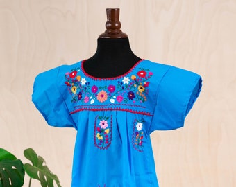 Kids Size Girls Mexican Dress Traditional Turquoise with Colorful Embroidery