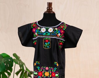 Kids Size Girls Mexican Dress Traditional BLACK with Colorful Embroidery