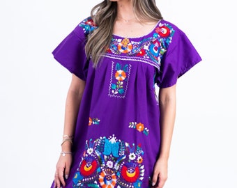 Mini Short Mexican Dress Handmade Bluson Style Purple Embroidered Knee Length Fiesta Festive