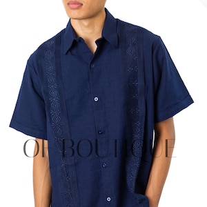 Men&#39;s Guayabera Guayamisa Style Shirt - Navy Blue - Embroidered Design Men Fiesta Shirt