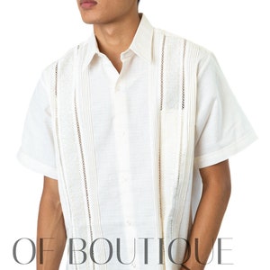 Men's Guayabera Rejilla Mesh Style Shirt - Creme - Embroidered Design Men Fiesta Shirt