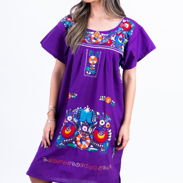 Mini Short Mexican Dress Handmade Bluson Style Purple Embroidered Knee Length Fiesta Festive
