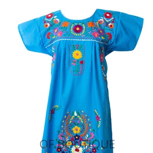 Womens Mexican Dress Turquoise Size S - 5XL. Authentic Floral Traditional Fiesta Short Sleeve Gown Long.