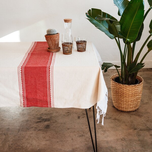 Handmade Mexican Tablecloth Rectangle Table Linen - Red/Natural #9 Boho Home Decor Mexican Style Decor