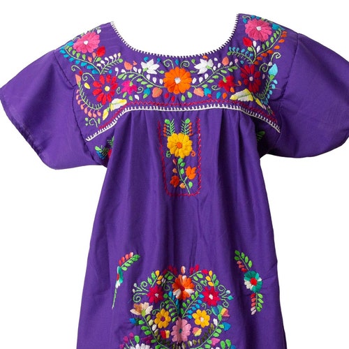 Traditional Mexican Dress PURPLE Embroidered Floral Pattern - Etsy