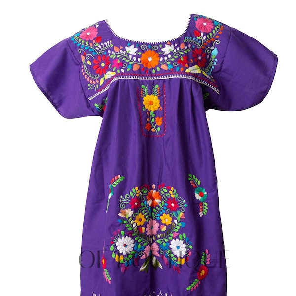 Traditional Mexican Dress PURPLE Embroidered Floral Pattern Handmade Puebla