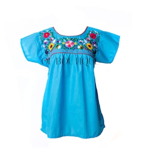 Mexican Blouse Traditional Embroidered - Turquoise All Sizes Plus Sizes Puebla