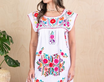 Mini Mexican Dress SLEEVELESS Bluson Style White Embroidered Knee Length Fiesta Festive Wedding