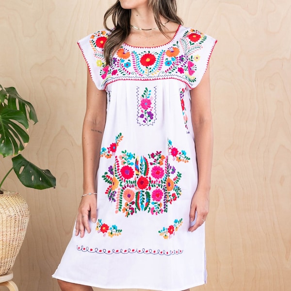 Mini Mexican Dress SLEEVELESS Bluson Style White Embroidered Knee Length Fiesta Festive Wedding