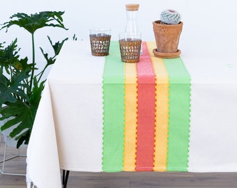 Handmade Mexican Tablecloth Rectangle Table Linen - Natural with Lime Green & Yellow Boho Home Decor Mexican Style Decor