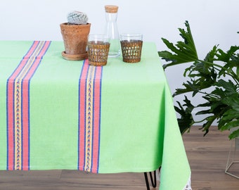 Handmade Mexican Tablecloth Rectangle Table Linen - Lime Green #1 Boho Home Decor Mexican Style Decor