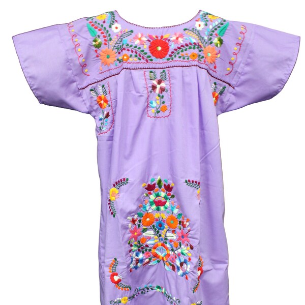 Women's Traditional Mexican Dress EMBROIDERED FIESTA Style - LAVENDER - Dresses All Sizes Unique Embroidery Short Sleeve Maxi Dress