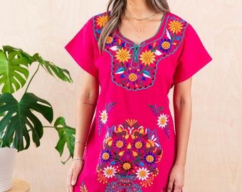 Mexican Dress Knee-Length KIMONO Style Women's Embroidered Dress - Fuchsia