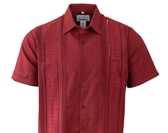 Men's Guayabera Rejilla Mesh Style Shirt - BURGUNDY - Embroidered Design Men Fiesta Shirt Pen Pocket