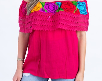 Women's Mexican CHIAPAS Style Blouse - FUCHSIA - Embroidery Crochet One Size Fits Small - XL